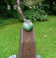 72” x 34” x 24” fountain in bronze and cast stone
Ma ka Lihi is a dramatic expression of a world in danger. Earth has found itself on the edge of a precipice gripped by the handoff. Man who himself is caught between extremes of hig own making. We are a bipolar species where we have inherited a mindset that sees the bounty of the Earth as booty for our benefit. We play with it as if it were a game and on closer inspection, the globe is, in actuality, a basketball. At the shoulder, the arm transforms into the wing of an eagle in flight representing that aspect of mankind that realizes the danger at hand and which strives to uplift the Earth from this ecological dilemma. We see both sides of our relationship to nature and are asked to choose. It is a snapshot of Man’s relationship to Planet Earth in the 21st century.
Limited edition of 12
Ma ka Lihi is a dramatic expression 
of a world in danger. Earth has found itself on the edge of a precipice gripped by the handoff. Man who himself is caught between extremes of hig own making. We are a bipolar species where we have inherited a mindset that sees the bounty of the Earth as booty for our benefit. We play with it as if it were a game and on closer inspection, the globe is, in actuality, a basketball. At the shoulder, the arm transforms into the wing of an eagle in flight representing that aspect of mankind that realizes the danger at hand and which strives to uplift the Earth from this ecological dilemma. We see both sides of our relationship to nature and are asked to choose. It is a snapshot of Man’s relationship to Planet Earth in the 21st century.
Limited edition of 12